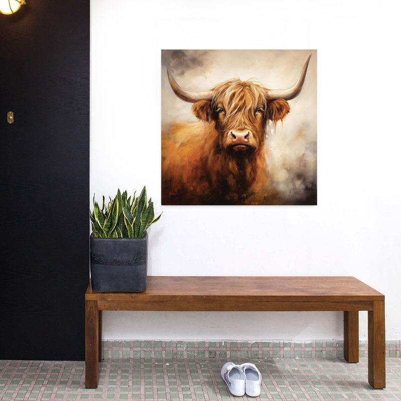 Art contemporain rustique avec vache Highland, H 32 po x l 32 po