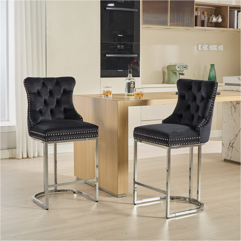 25" Counter Height Bar Stools Set Of 2, Modern Velvet Barstools With Button Back&Rivet Trim Upholstered Kitchen Island Chairs With Sturdy Chromed Metal Base Legs Farmhouse Bar Stools,