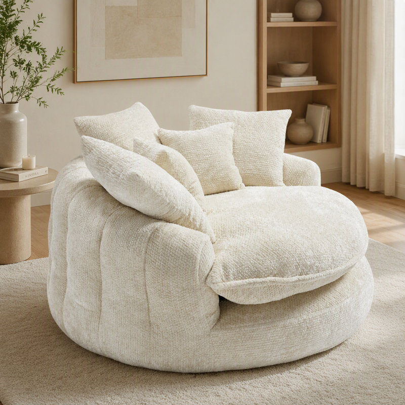 Fauteuil de 55 po en mousse de polyester, chaise ronde surdimensionnée avec coussins, Beige