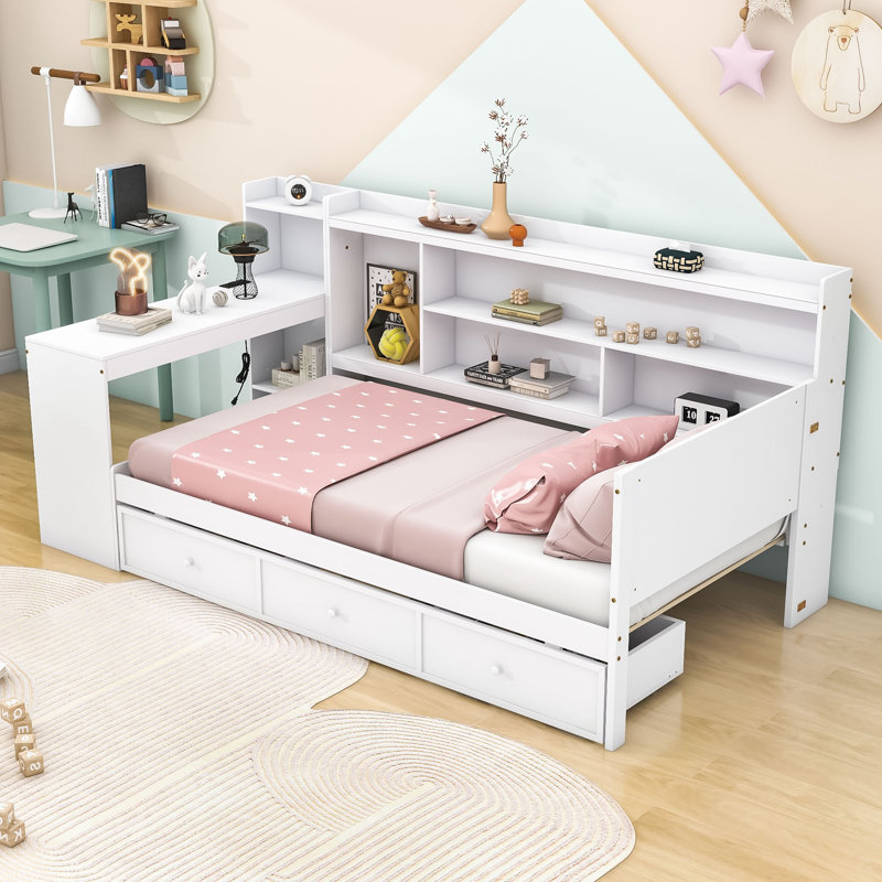 Lit de jour en bois avec trois tiroirs, ports USB et bureau, Lit simple, Blanc