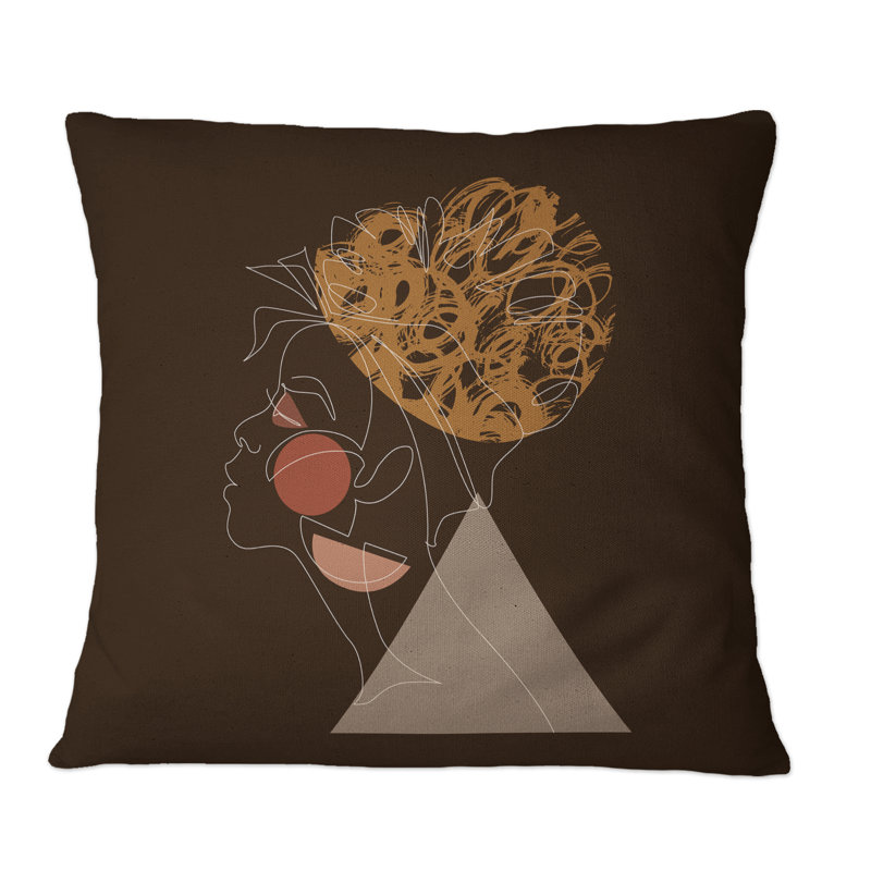 Coussin noir «Black Woman Afro Portrait One Line Art II», 16 po x 16 po