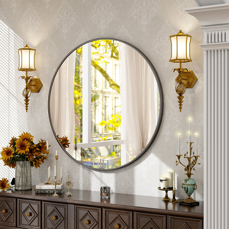 Bhagwanaram Aluminum Framed Round Wall Mirror, Black, 24" x 24"