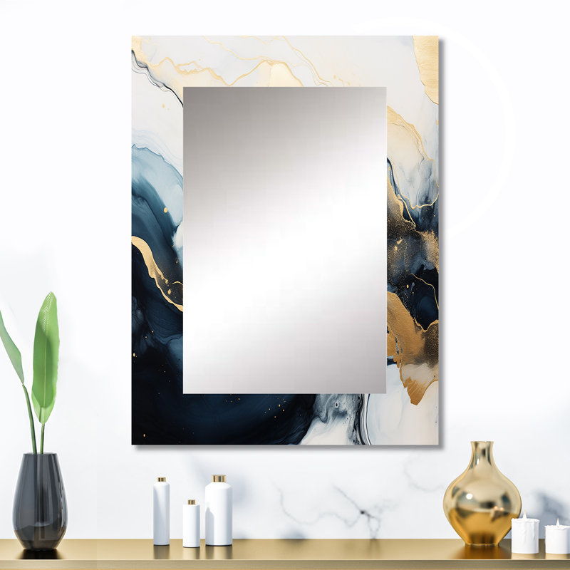 Encre de marbre abstraite dorée et bleue II - miroir en marbre, miroir mural décoratif moderne, impression d'art en métal