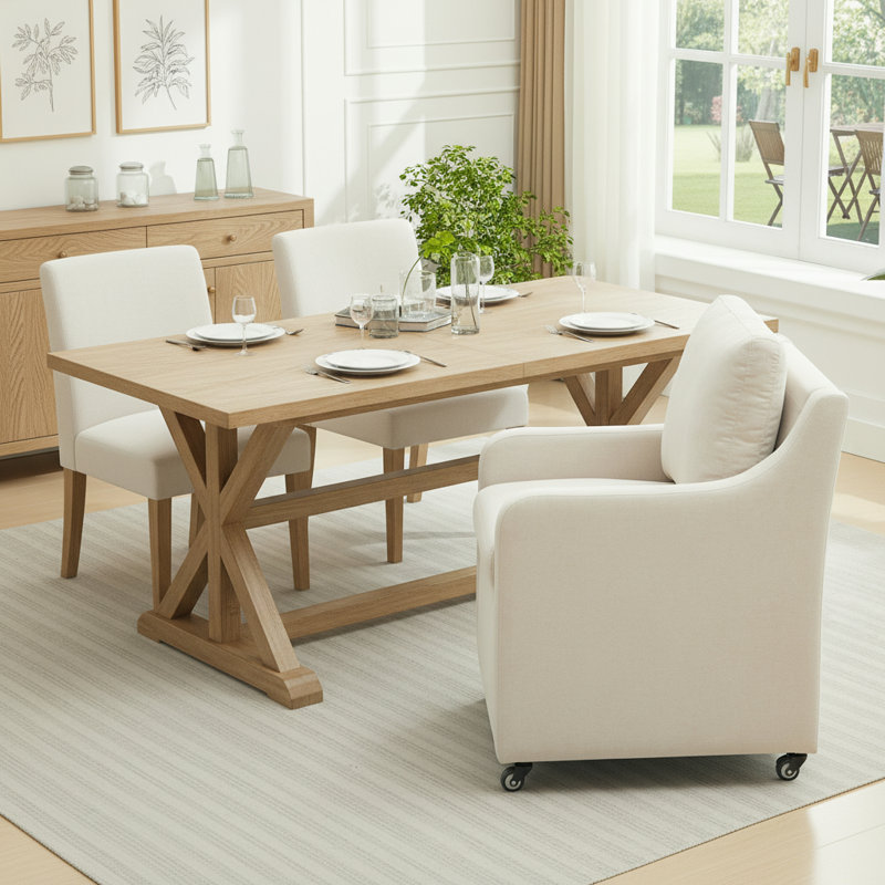 Rolling Dining Chair With Wheels, Beige