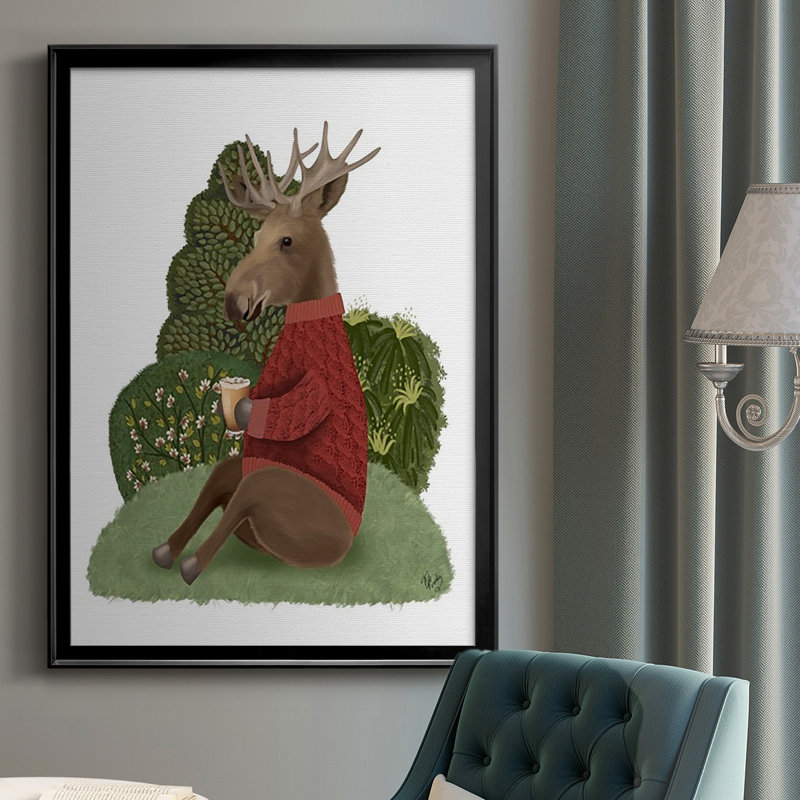 " Latte Moose In Sweater ", Black Framed, 42.5" H x 30.5" W x 1" D