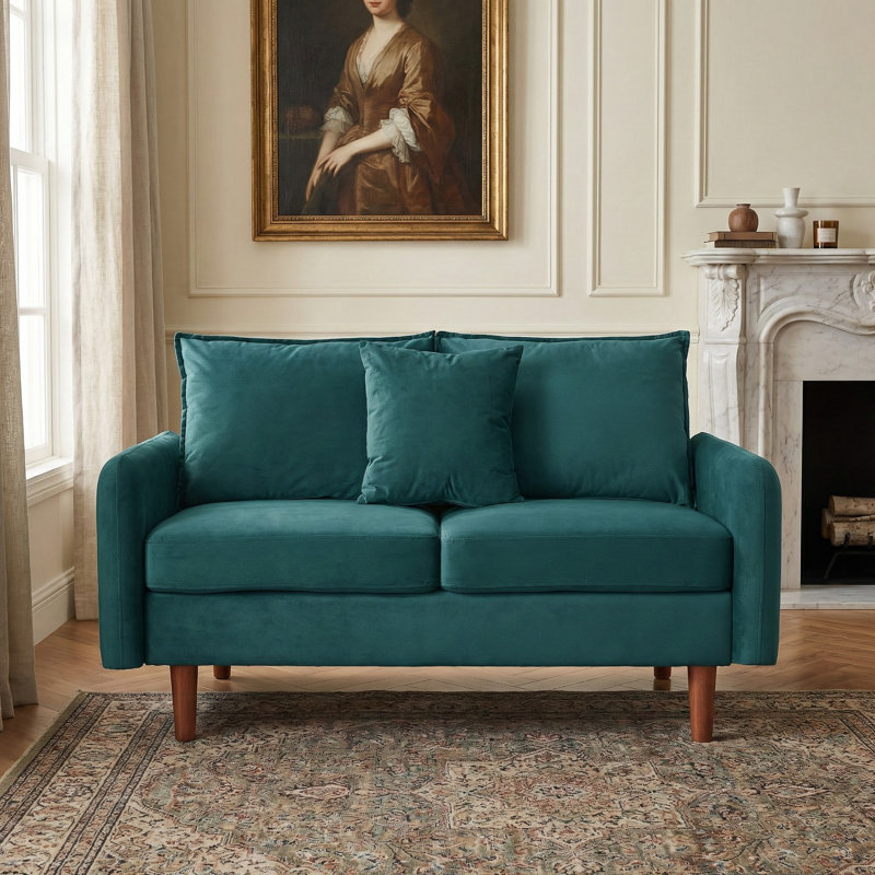  56" Wide Velvet Round Arm Loveseat, Featuring Side Storage Pockets and a Small Square Throw Pillow, Dark Cyan