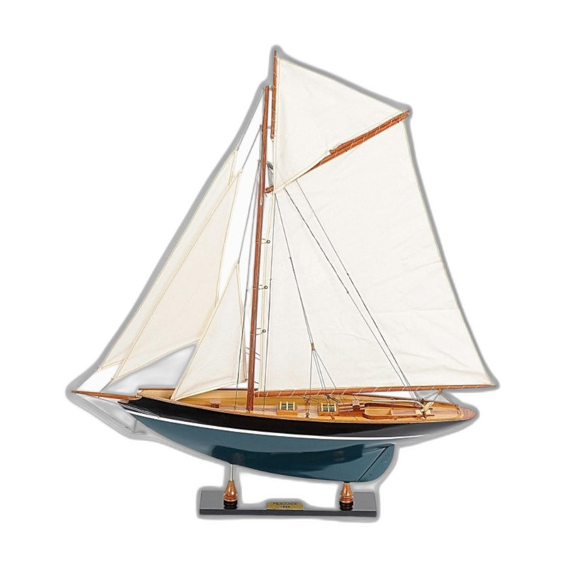 Maquette de bateau à voile peinte à la main de 31 po en bois massif noir, bleu et blanc