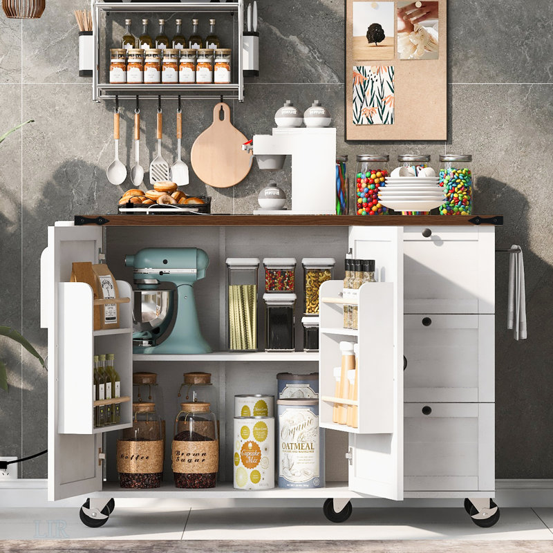 Îlot de cuisine avec prise de courant, îlot de cuisine avec support de rangement interne, abattant, Blanc