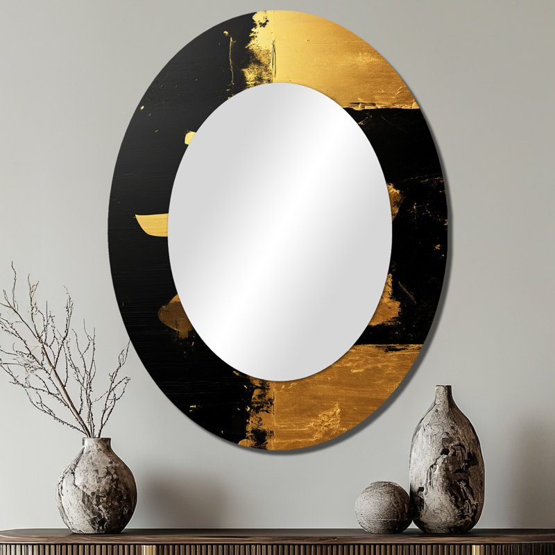 Or, signe japonais noir, calligraphie I - décor de miroir mural ovale doré, 40 po x 30 po