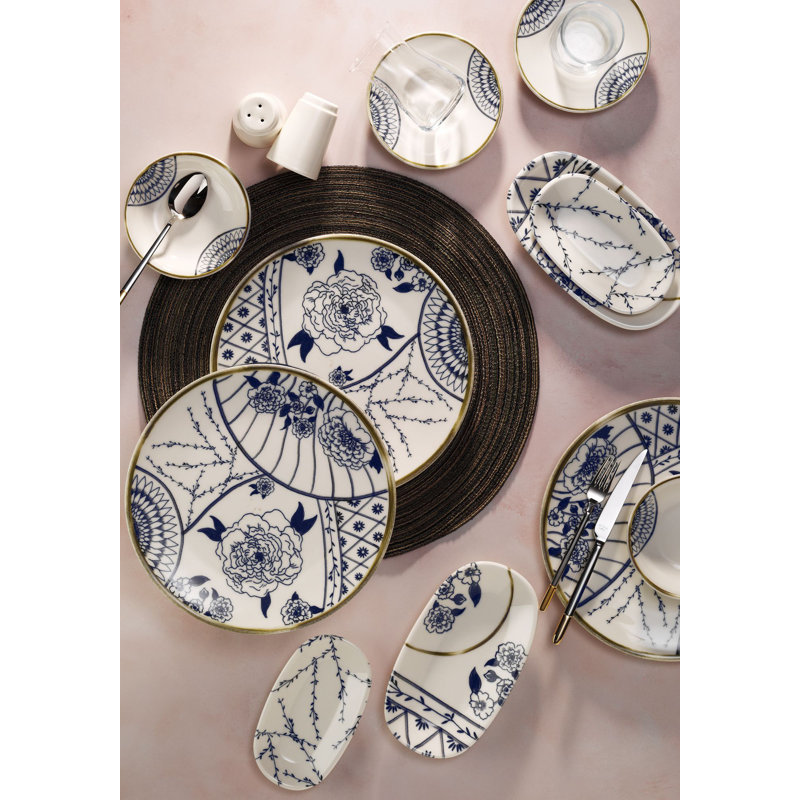Ensemble de petit déjeuner (30 pièces), Floral, Noir / blanc