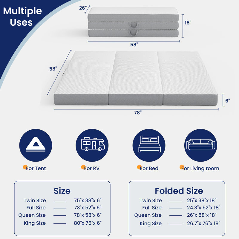 Tri-fold 4" Mattress, Portable Folding Memory Foam Floor Queen Size Mattress with Washable Cover, 4", Queen