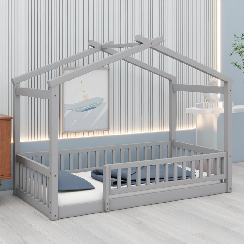Wooden House Bed Frame with Decorative Fence, Gray