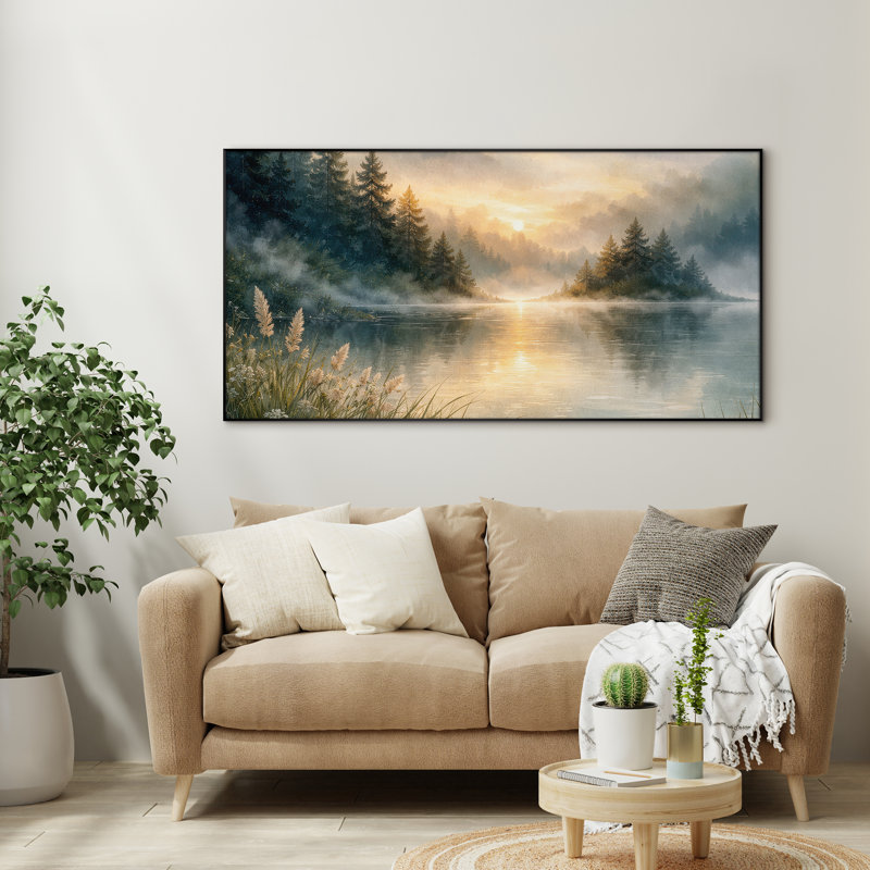 Très grand reproduction d'art sur tissu mural - lever de soleil doré sur un paysage de lac forestier serein pour la chambre à coucher - «Assemblage requis du cadre (cadre non fini)»