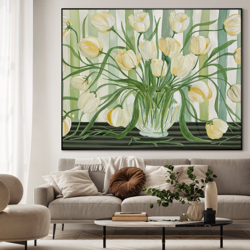 Très grand tulipe, reproduction d'art murale - fleurs blanches et jaunes dans un vase, décoration botanique moderne pour le salon ou la chambre à coucher, assemblage requis
