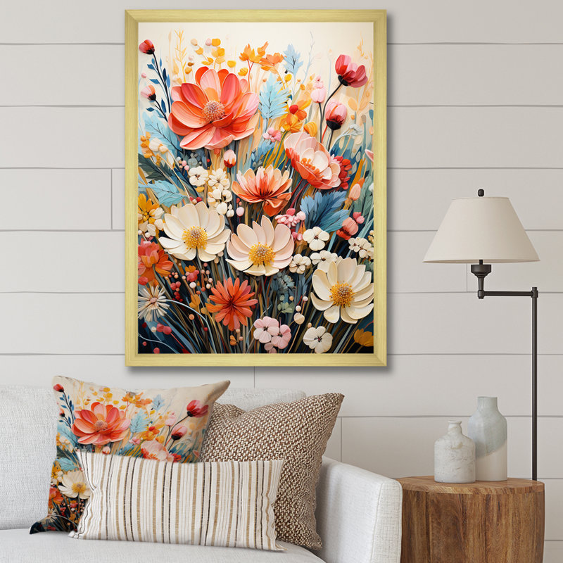 Multicoloured Flowers Collage II - Floral Wall Decor, H 20 po x l 12 po x P 1 po, Encadrement doré