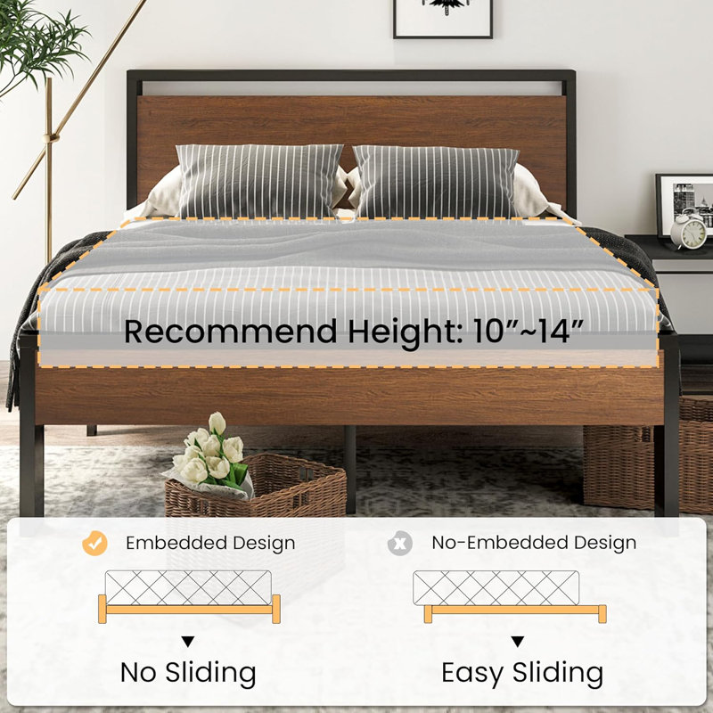 Walnut Queen Metal Platform Bed Frame with Wood Headboard and Footboard