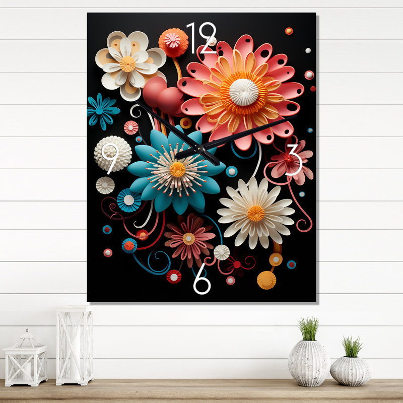 Funky Foliage Vibrant Flowers On Black I - Abstract Botanicals Très grandes horloges murales, H 40 po x l 30 po x P 1 po