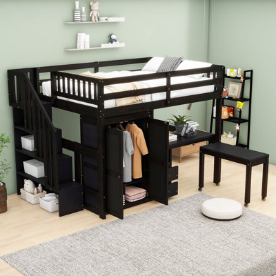 Loft Bed Featuring Integrated Staircase, Bookshelf, Drawers, Workspace Desk, And Wardrobe – All-In-One Solution