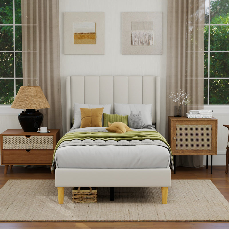 Sutter Upholstered Wingback Bed, Twin, Beige