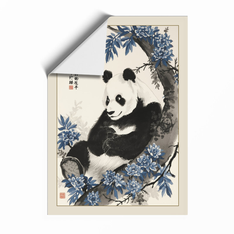 Panda in Bloom Japandi - Framed Print, A4 - 29.7 x 21.0 cm, Unframed