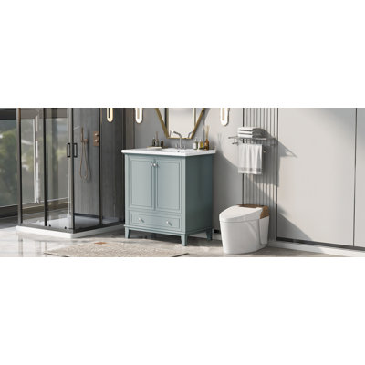Meuble-lavabo simple 30 po avec lavabo en céramique gris et bleu, 30 portes, 2 portes avec supports de rangement, tiroir avec séparateur, tablette réglable, autoportant