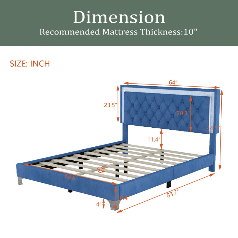 Lit plateforme tapissier Krystallo, Bleu