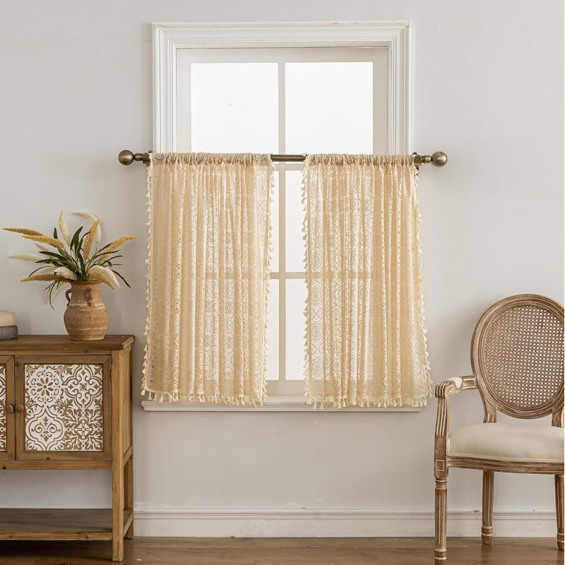 Rideaux en dentelle Boho 36 po, 2 panneaux, beige