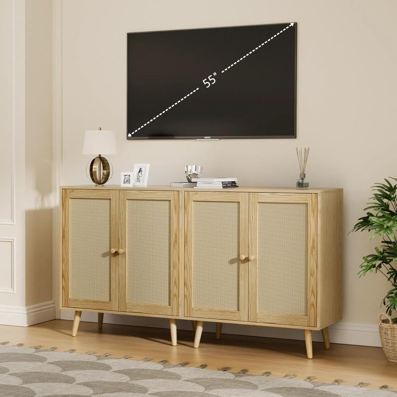 2 Door Rattan Storage Cabinet, Wood Kitchen Sideboard Buffet Console Table With Shelves For Kitchen & Entryway Storage