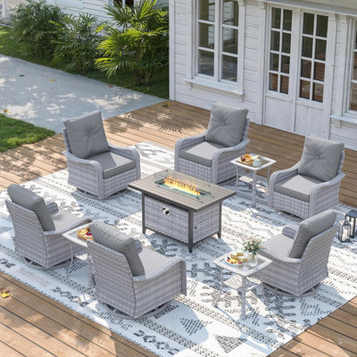 10 Piece Wicker Patio Furniture Set with 55,000 BTU Fire Pit Table, Swivel Rocking Chairs, 4''Cushions, Grey