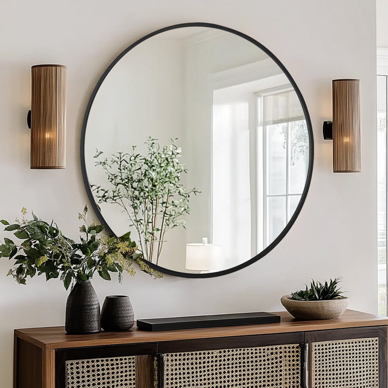 Round Wall Mirror with Aluminum Alloy Frame and Tempered Glass, Modern Bathroom Vanity Mirror, Matte Black, 30" x 30"