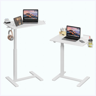 Bureau pour ordinateur portable 26 po x 19 po à hauteur réglable avec ressorts à gaz et table d'appoint mobile à roulettes, porte-gobelet et crochet pour écouteurs