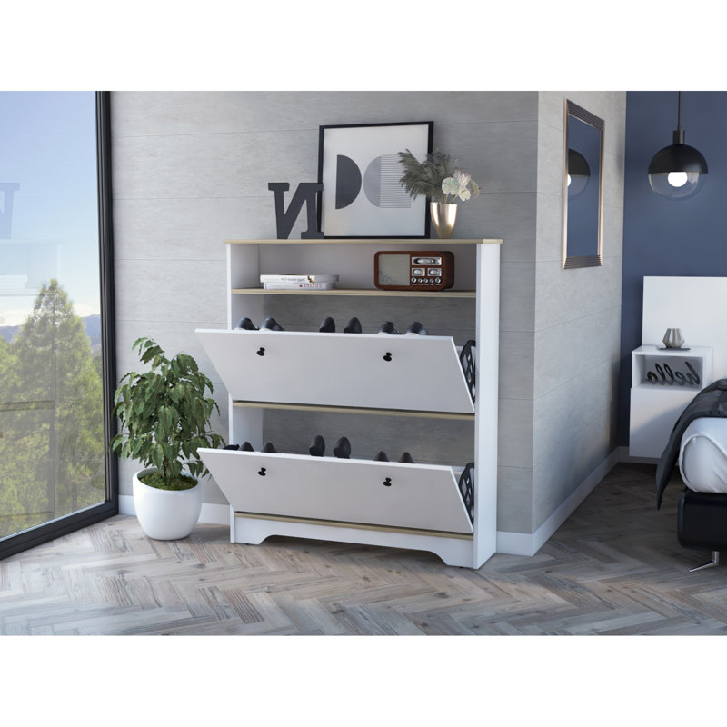 8 Pair Flip Down Shoe Storage, Light Oak/White