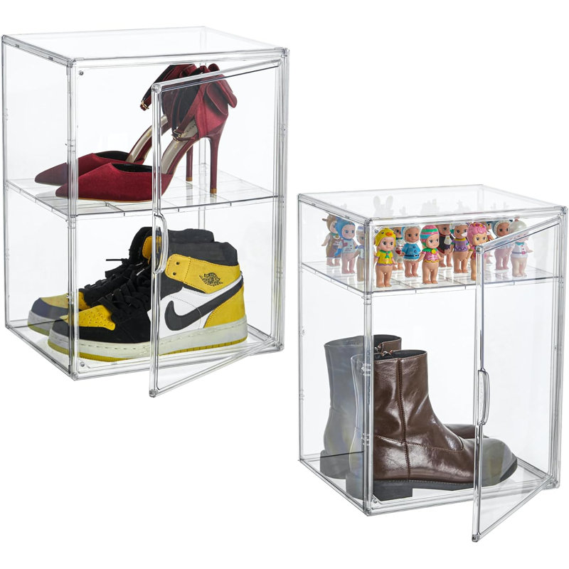 XXX-Large Clear Acrylic Display Case Boot Shoe Storage Boxes With An Adjustable Divider,2 Pack 2 Tiers Clear Plastic Stackable Storage Bins With Lids Big Display Acrylic Box With Magnetic Door