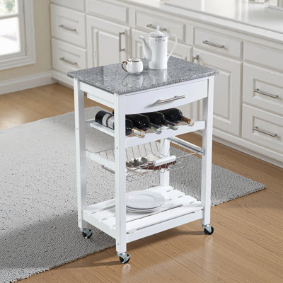 Mobile Indoor Kitchen Island Trolley Serving Cart with Stainless Steel Marble Top Underneath Drawer Slide-Out Wire Storage Basket Wine Rack Lockable Casters