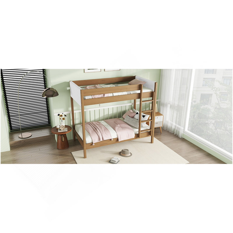 Lit superposé simple au-dessus de simple avec tête et pied de lit rembourrés Boucle, échelle, garde-corps de sécurité, lit superposé en bois d'hévéa, naturel