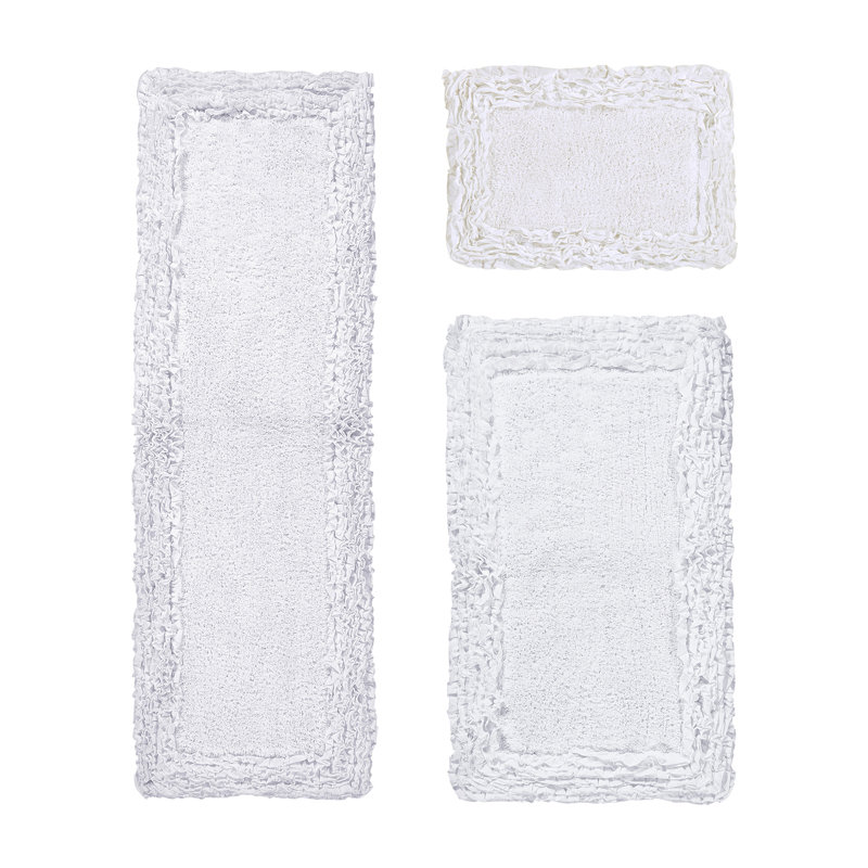 Ensemble de tapis pour salle de bain 100% coton 1775 g / m² 3 pièces Courson, certifié OEKO-TEX®, envers en latex antidérapant, motif de volants touffetés moelleux, super absorbant, tapis de salle de bain lavables à la machine, blanc