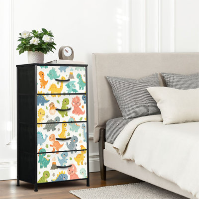 4 Drawer Dresser for Bedroom, Narrow Chest of Drawers, Wooden Top and Study Iron Frame 18"x37.5"-(WxH) - With Cartoon Dino Dinosaur Animal Print