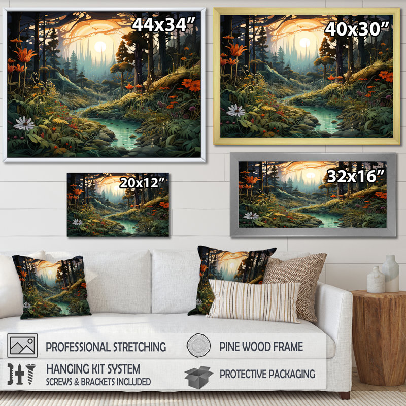 Forêt, rêverie, petite rivière, coucher de soleil, forêt, H 24 po x l 32 po, Toile tendue