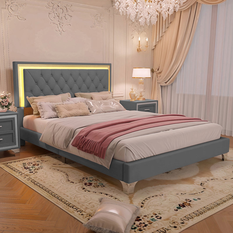 Structure de lit tapissier avec lumières DEL, lit plateforme moderne en velours avec tête de lit capitonnée, Gris