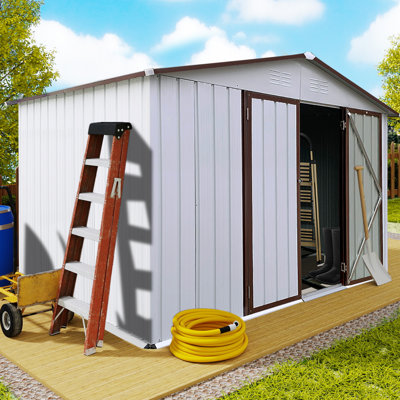 9 pi. L 6 pi. D Rangement de jardin en métal, blanc et café, remise à outils extérieure pour outils et équipement (54 pieds carrés)