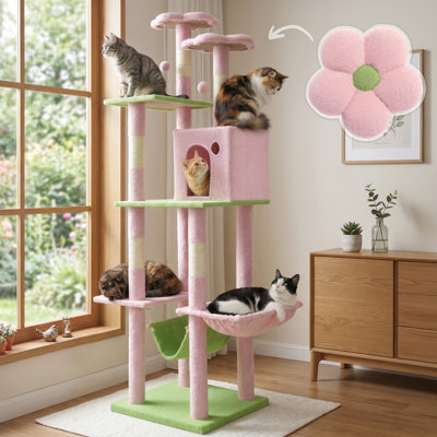 Arbre à chat 67 po pour chats d'intérieur, tour d'activité à plusieurs niveaux avec perchoir moelleux, hamac, poteaux à griffer, grotte pour chat pour grands chats et chatons