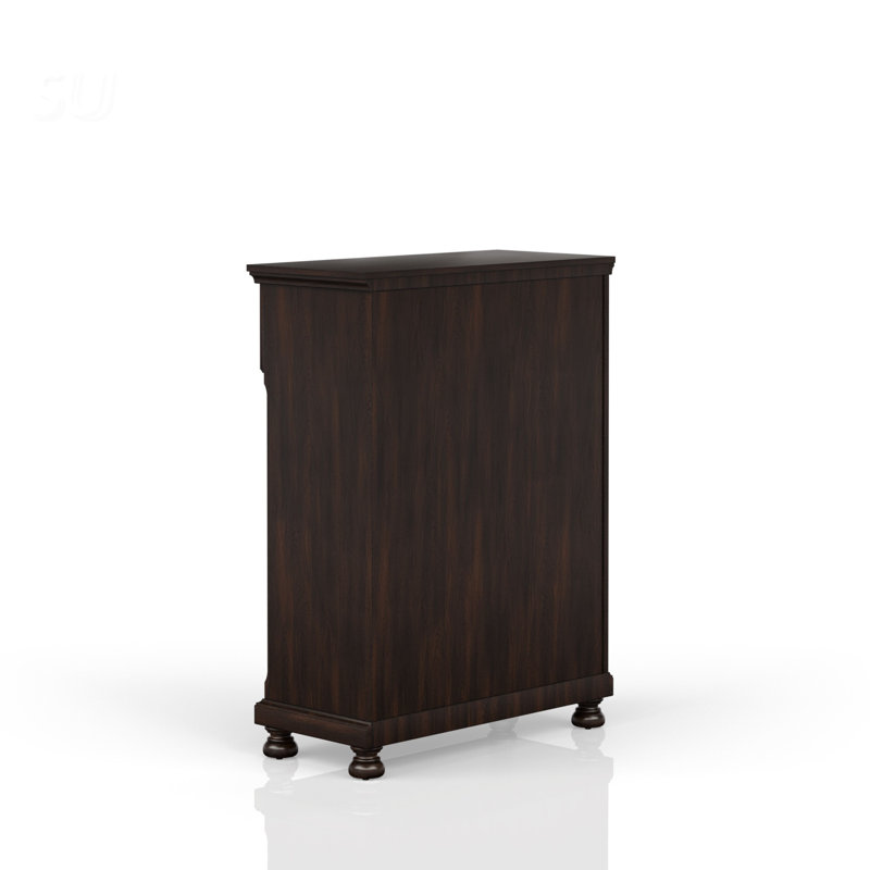Commode 5 tiroirs cerisier foncé avec rangement spacieux et design transitionnel, parfaite pour les chambres modernes et classiques.