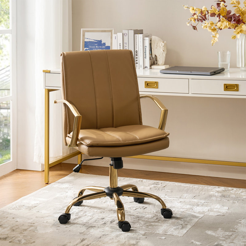 Jehu Modern Leather Rocking Tilting Office Chair with Metal Armrests and Legs, Camel