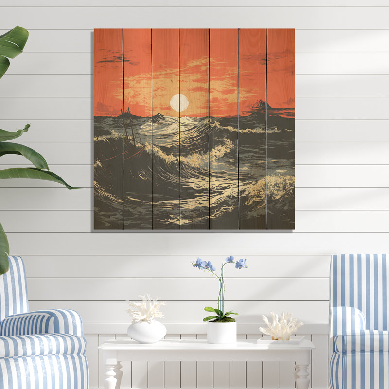 Tangerine Skies Ocean Waves IV - Coucher de soleil côtier sur bois, H 25 po x l 25 po