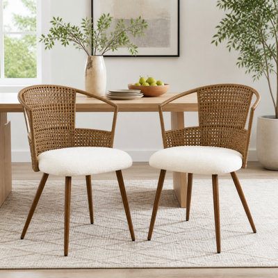 Ensemble de 2 chaises de salle à manger en rotin PE, chaise d'appoint bohème tissée avec coussin en éponge polaire douce, pieds en métal fini bois