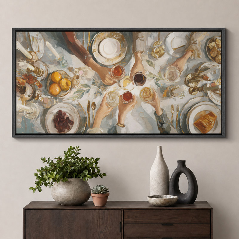 "Neutral Toned Feast Celebration", très grandes photos, impression sur toile encadrée, H 30 po x l 60 po, Noir