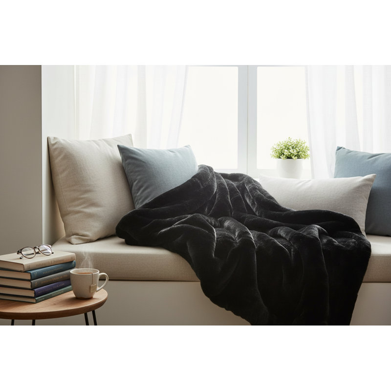 Jeté en fausse fourrure, Black, 80" L x 60" W