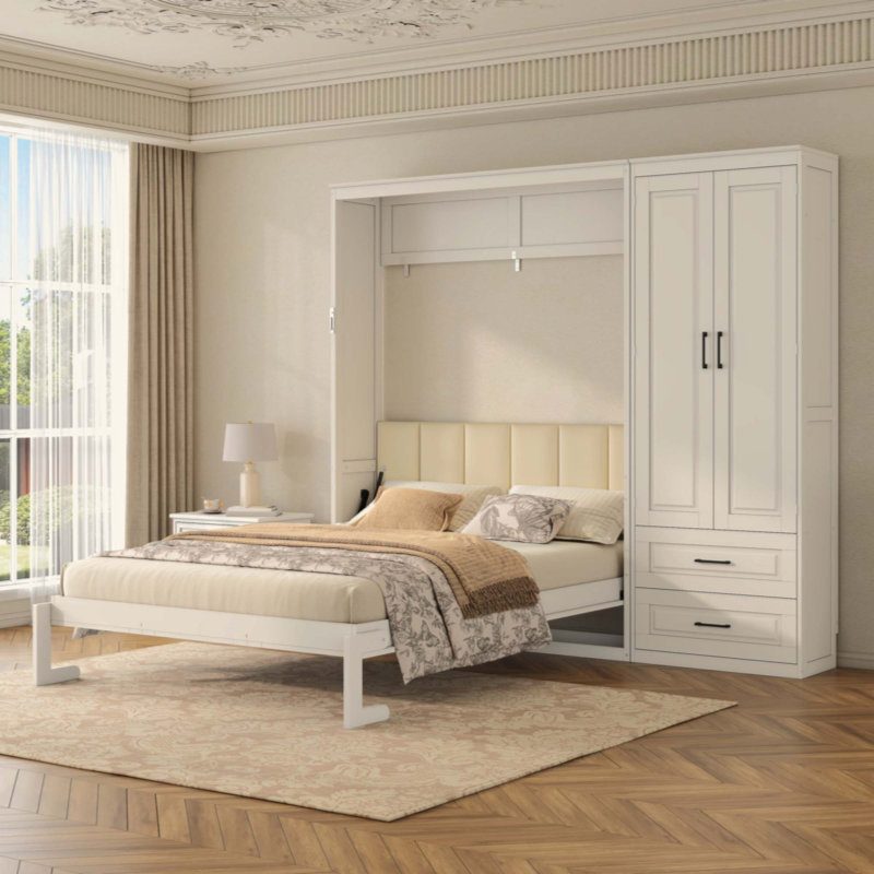 Lit escamotable avec armoire de rangement et tiroirs, tête de lit tapissier Murphy, White