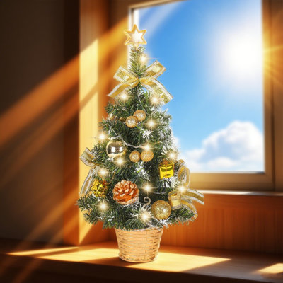 45CM Small Christmas Tree With Lights,Mini Desktop Decoration Tree With Star Tree Topper, Balls, Bows, Pine Cones For Home Office Shopping Bar Christmas Decorations