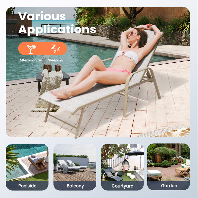 Aluminum Outdoor Chaise Lounge with Round Table, Light Gray